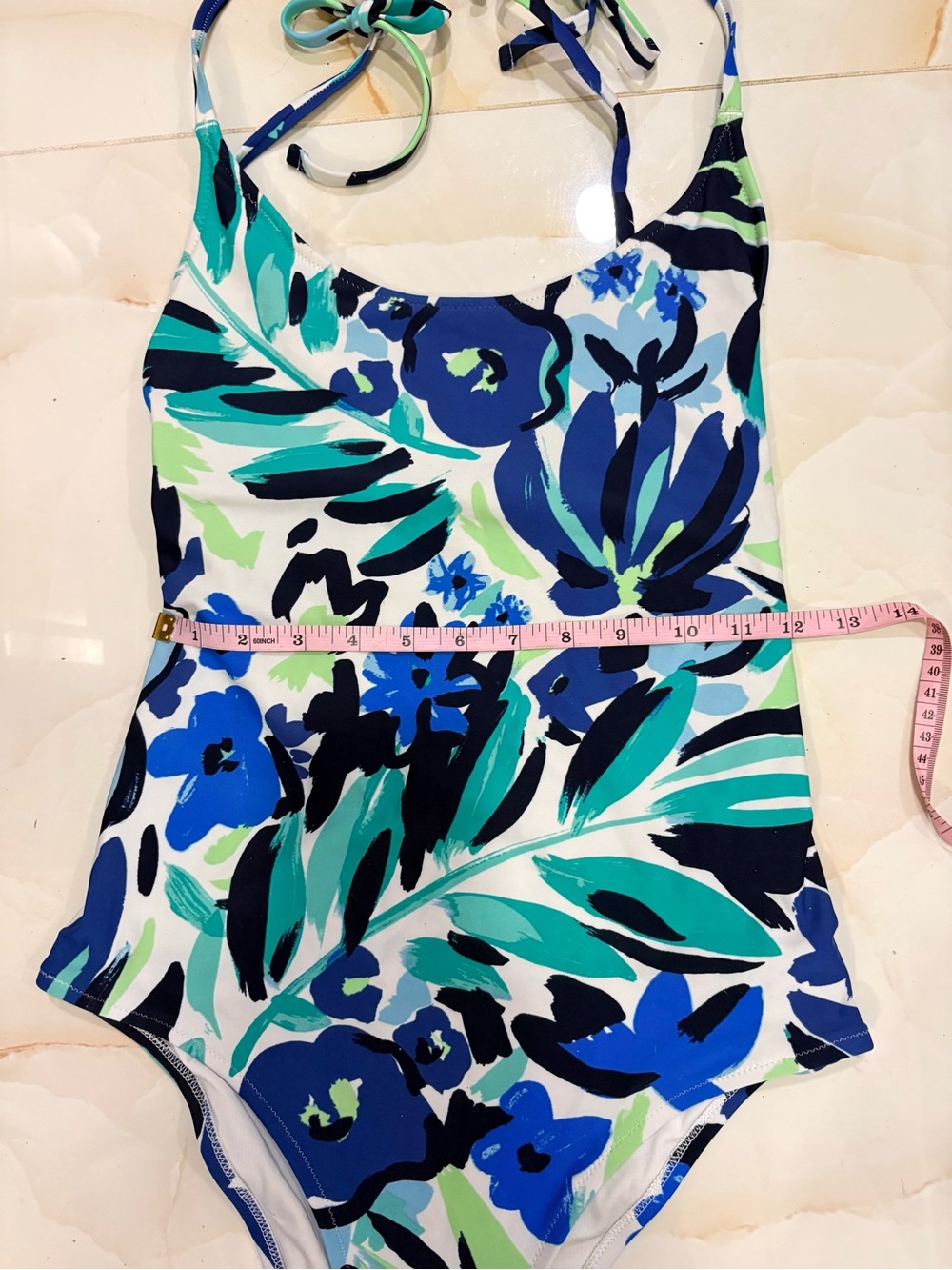 aerie Blue & Green Floral Tie-Shoulder One-Piece Cheeky Swimsuit Size S - Picture 7 of 7